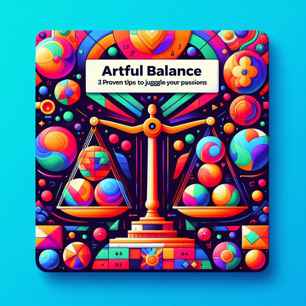 A banner for a blog titled 'Artful Balance: 3 Proven Tips to Juggle Your Passions' with a theme of colorful geometric shapes and a balance scale