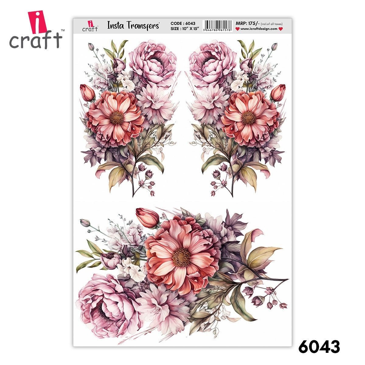 iCraft Water Transfer Stickers- Best use for Resin, Fabric, Plastic, MDF & Glass - Decorative Decals in Floral, Quotes & More (10" x 15")-6043