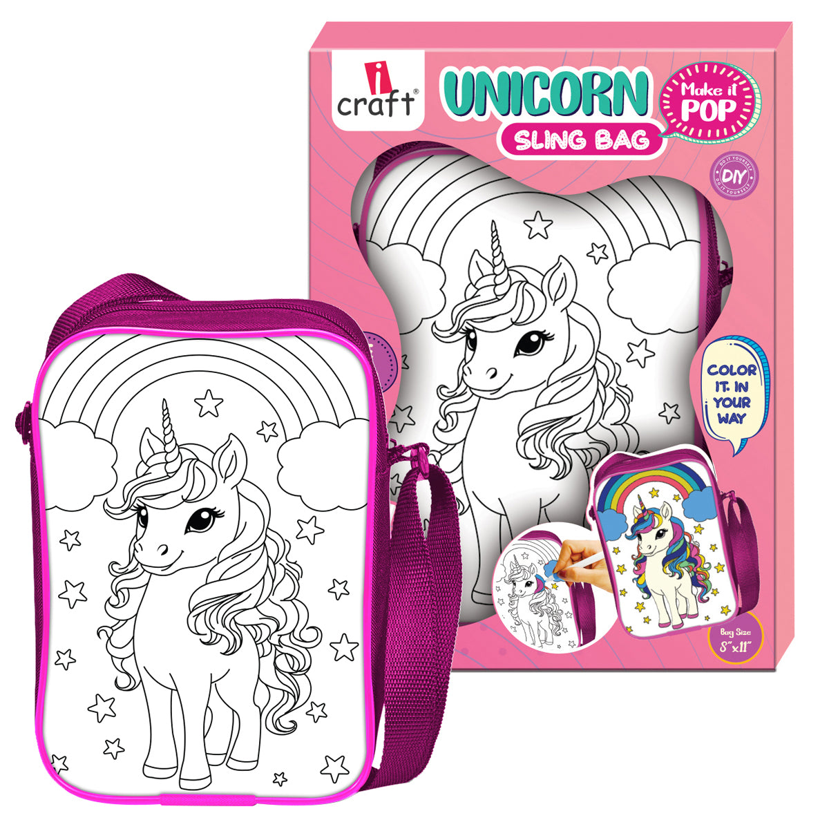 iCraft UNICORN DIY Sling Bag for Kids – Color Your Own Magical Unicorn Bag with 6 Sketch Pens – Craft Kit for Girls Age 6+ – 8"x10" Shoulder Bag