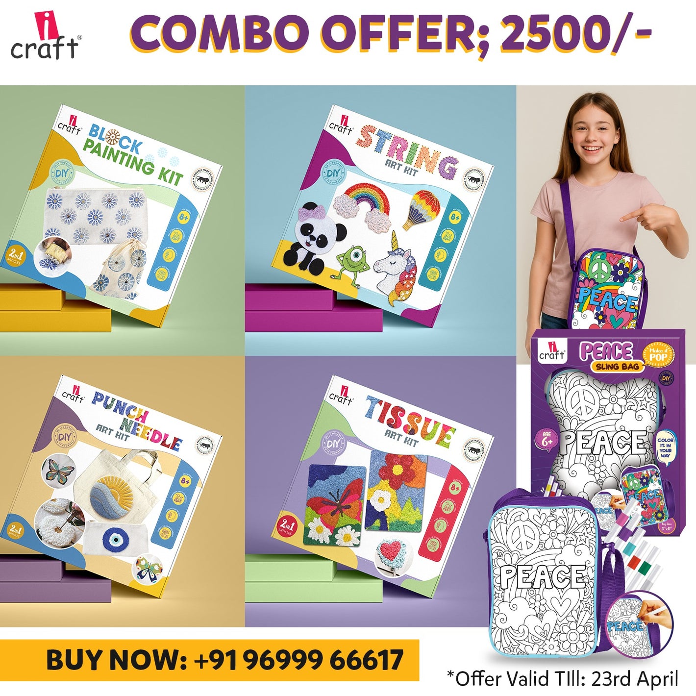 All-in-One Art Blast 🧵 Block Painting Kit 🎨 Tissue Art Kit 🧶 String Art Kit 🪡 Punch Needle Kit 🎒 1 DIY Sling Bag Kit