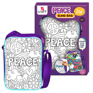 iCraft PEACE DIY Sling Bag for Kids – Color Your Own Bag with 6 Acrylic Markers – Art & Craft Kit for Girls Age 6+ – 8"x10" Sling Bag with Zip Pocket