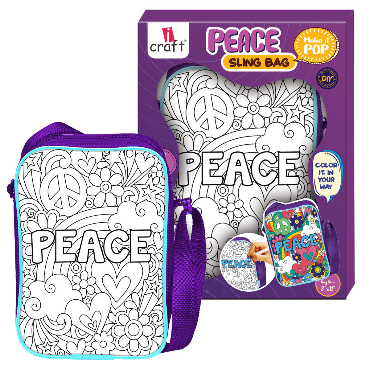 iCraft PEACE DIY Sling Bag for Kids – Color Your Own Bag with 6 Acrylic Markers – Art & Craft Kit for Girls Age 6+ – 8"x10" Sling Bag with Zip Pocket