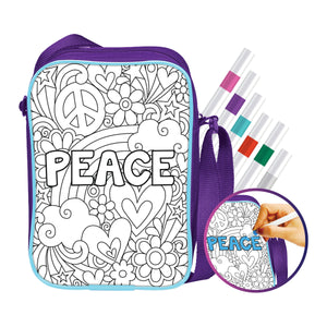 iCraft PEACE DIY Sling Bag for Kids – Color Your Own Bag with 6 Acrylic Markers – Art & Craft Kit for Girls Age 6+ – 8"x10" Sling Bag with Zip Pocket