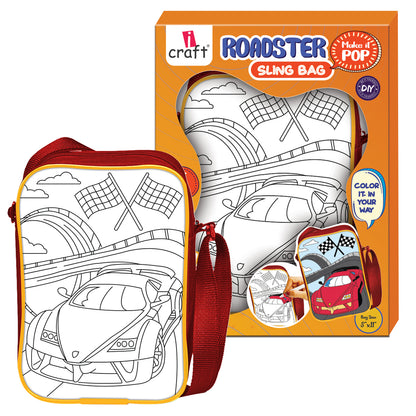 iCraft ROADSTER DIY Sling Bag for Kids – Paint Your Own Car-Themed Bag with 6 Sketch Pens – Art & Craft Set for Boys Age 6+ – 8"x10" Shoulder Bag with Zip