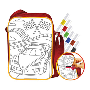 iCraft ROADSTER DIY Sling Bag for Kids – Paint Your Own Car-Themed Bag with 6 Sketch Pens – Art & Craft Set for Boys Age 6+ – 8"x10" Shoulder Bag with Zip