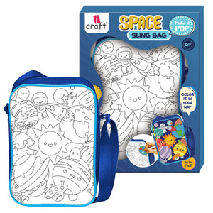 iCraft SPACE DIY Sling Bag for Kids – Customize Your Own Space Adventure Bag with 6 Markers – Art & Craft Kit for Boys & Girls Age 6+ – 8"x10" Size