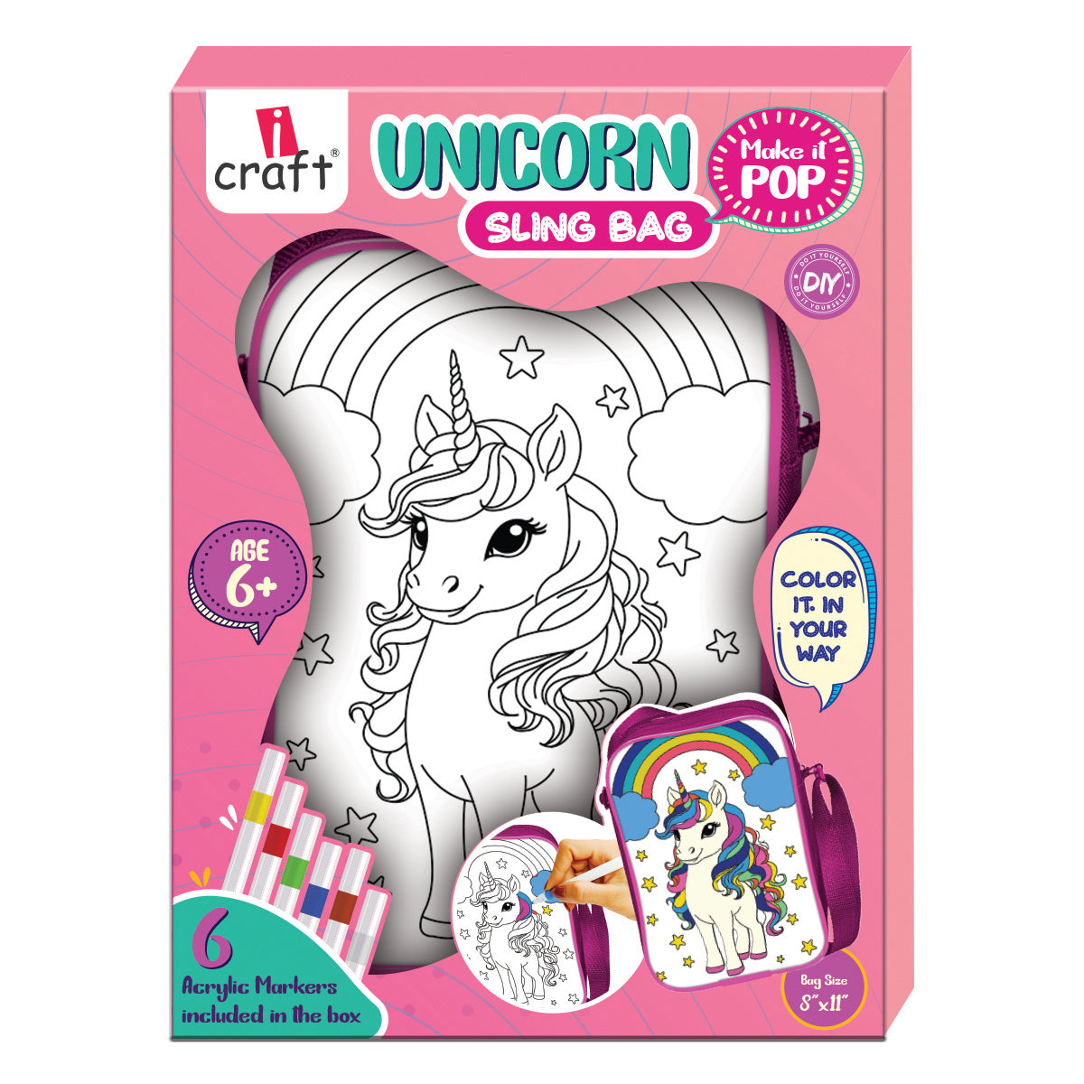 iCraft UNICORN DIY Sling Bag for Kids – Color Your Own Magical Unicorn Bag with Sketch Pens – Craft Kit for Girls Age 6+ – 8