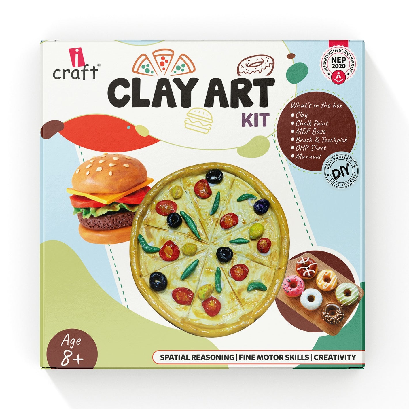 Kids Clay Art Kit for Food Creations - DIY Pizza, Burger & Donut Sculpting Set with Paints, Canvas & Stand - Creative Craft Activity for Ages 6+